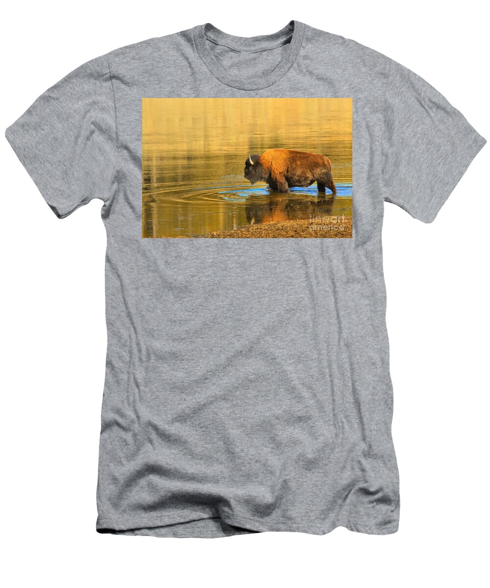 Bison T-Shirt featuring the photograph Yellowstone Solo Swimmer by Adam Jewell