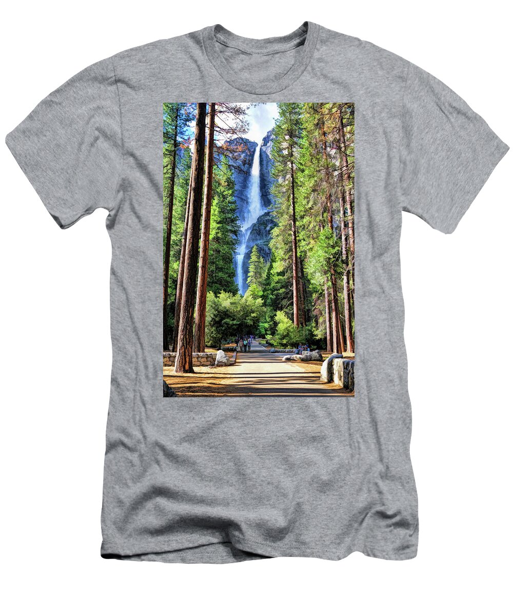 Yosemite T-Shirt featuring the painting Yosemite National Park Bridalveil Fall Trees by Christopher Arndt