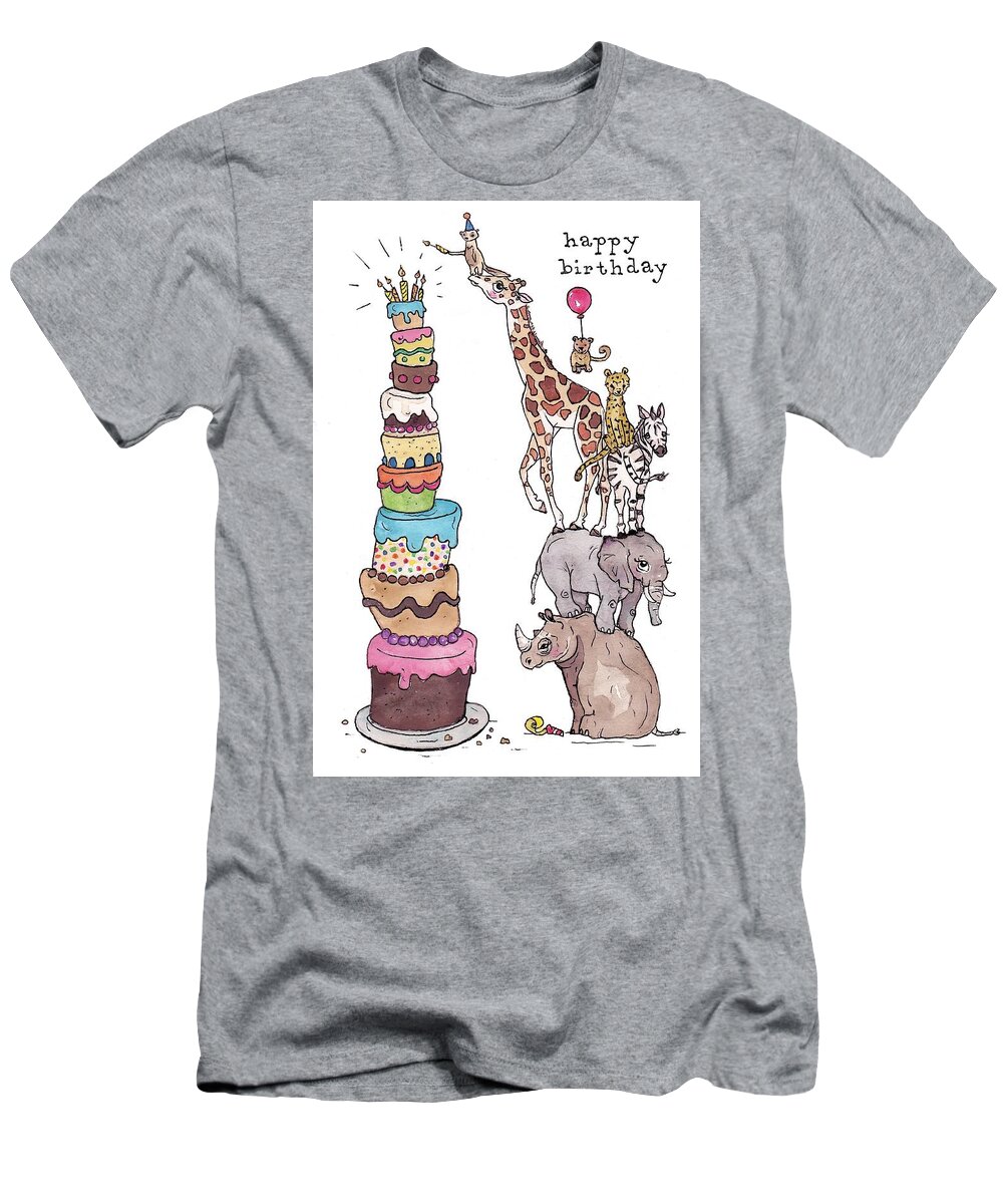 Birthday T-Shirt featuring the painting Zoo Animals Happy Birthday Card by Katrina Davis