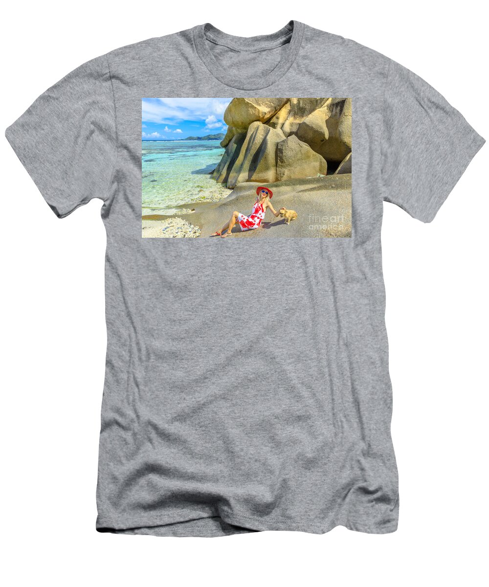 Anse Source Dargent T-Shirt featuring the photograph Anse Source dArgent Tourism #1 by Benny Marty