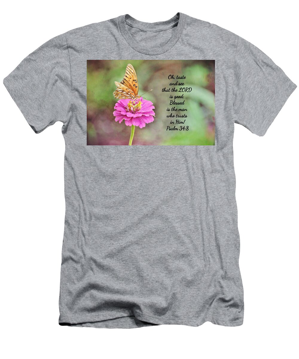 Butterfly T-Shirt featuring the digital art Butterfly Zinnia and Scripture #2 by Gaby Ethington
