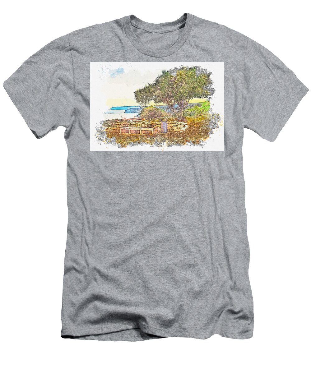 Nature T-Shirt featuring the painting Costal Landscape in Kourion Cyprus - watercolor by Ahmet Asar #1 by Celestial Images