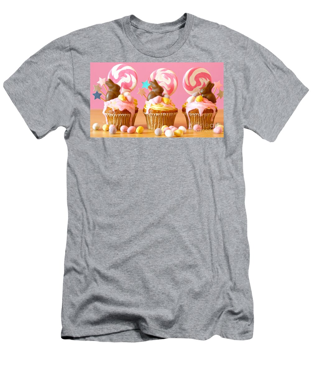 Easter T-Shirt featuring the photograph Easter theme candy land drip cupcakes in party table setting. #1 by Milleflore Images