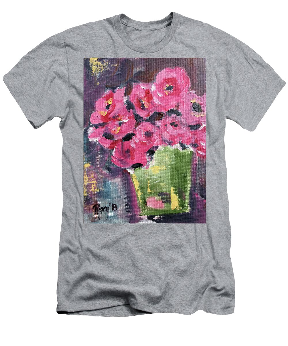 Roses T-Shirt featuring the painting Pink Roses in a Green Bucket by Roxy Rich