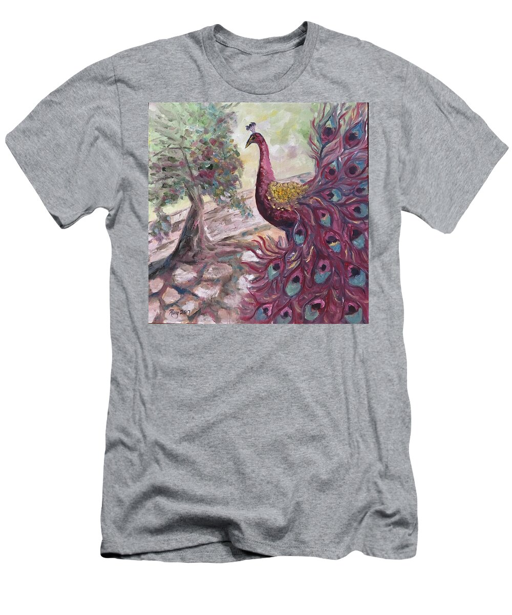 Peacock T-Shirt featuring the painting Purple Peacock #1 by Roxy Rich