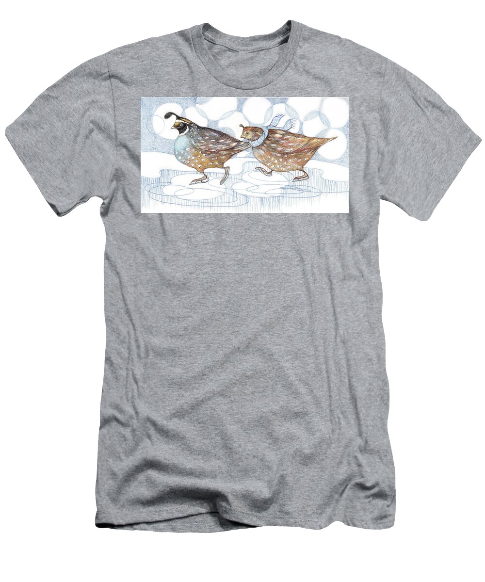 Quail T-Shirt featuring the mixed media Skating Quail #1 by Peggy Wilson