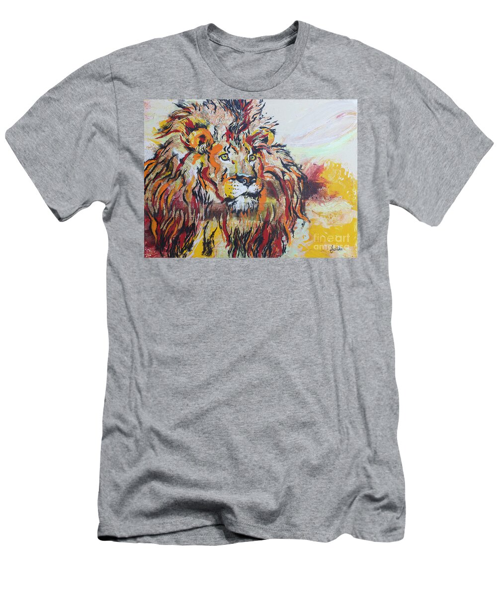 Lion T-Shirt featuring the painting The King by Jyotika Shroff