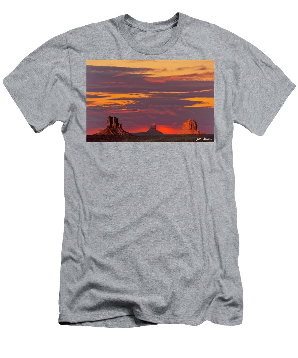 Arid Climate T-Shirt featuring the photograph The Mittens and Merrick Butte at Sunset by Jeff Goulden