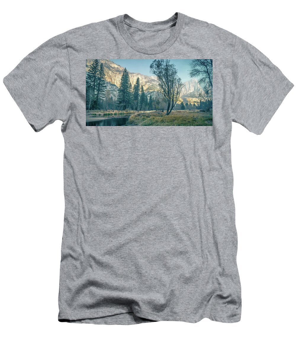 Morning T-Shirt featuring the photograph Yosemite Valley on sunny autumn morning #1 by Alex Grichenko