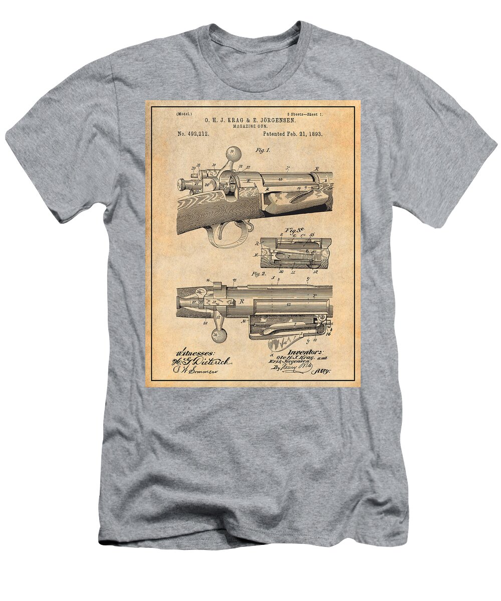 Springfield T-Shirt featuring the drawing 1892 Springfield Model Krag Jorgensen Rifle Patent Print Antique Paper by Greg Edwards