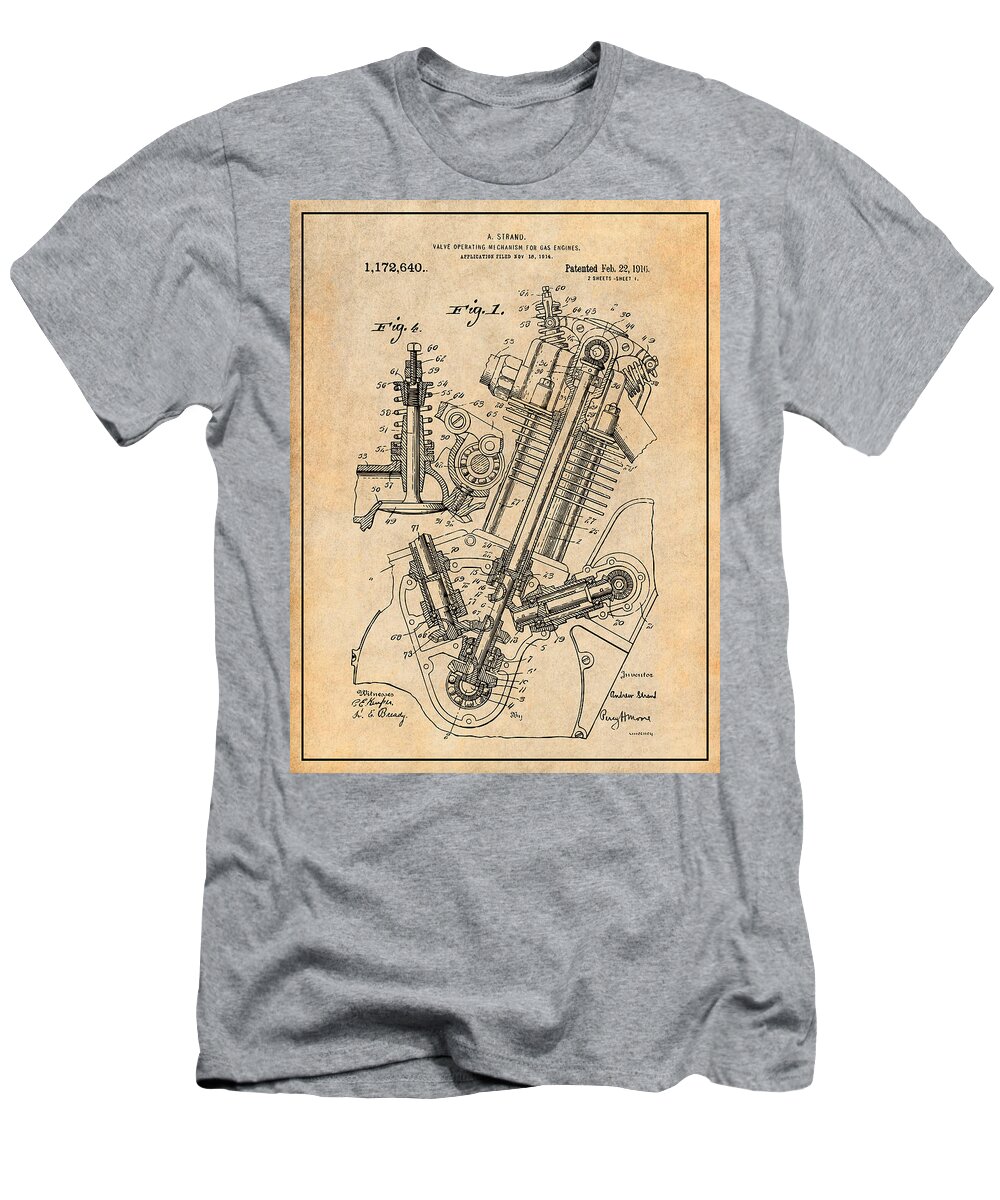 1914 Strand Ohc Motorcycle Engine Patent Print T-Shirt featuring the drawing 1914 Strand OHC Motorcycle Engine Antique Paper Patent Print by Greg Edwards