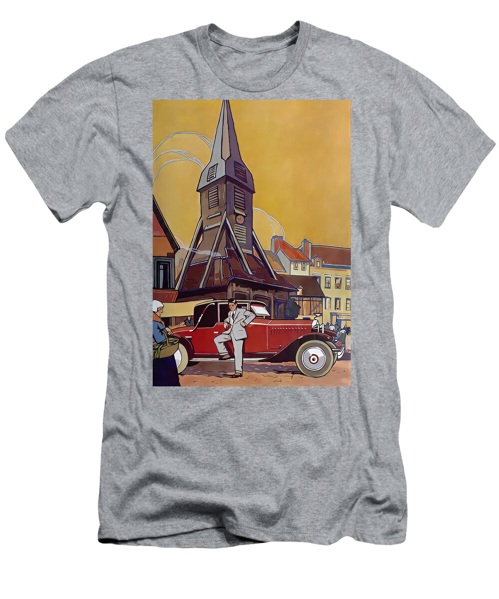 Vintage T-Shirt featuring the mixed media 1927 Coupe With Gentlemen In Rural Town Setting Original French Art Deco Illustration by Retrographs