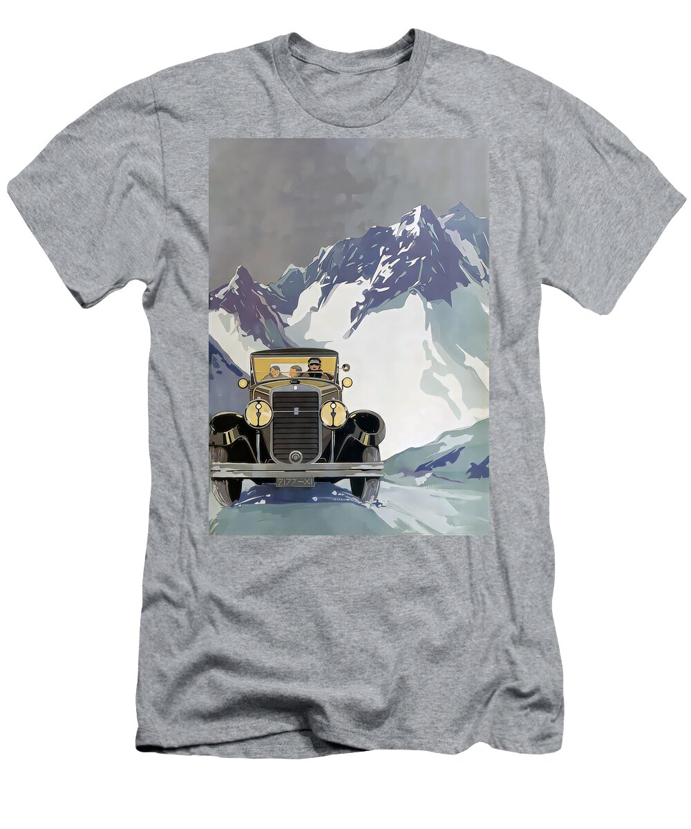 Vintage T-Shirt featuring the mixed media 1928 Lorraine On Snowy Road Alps Original French Art Deco Illustration by Retrographs