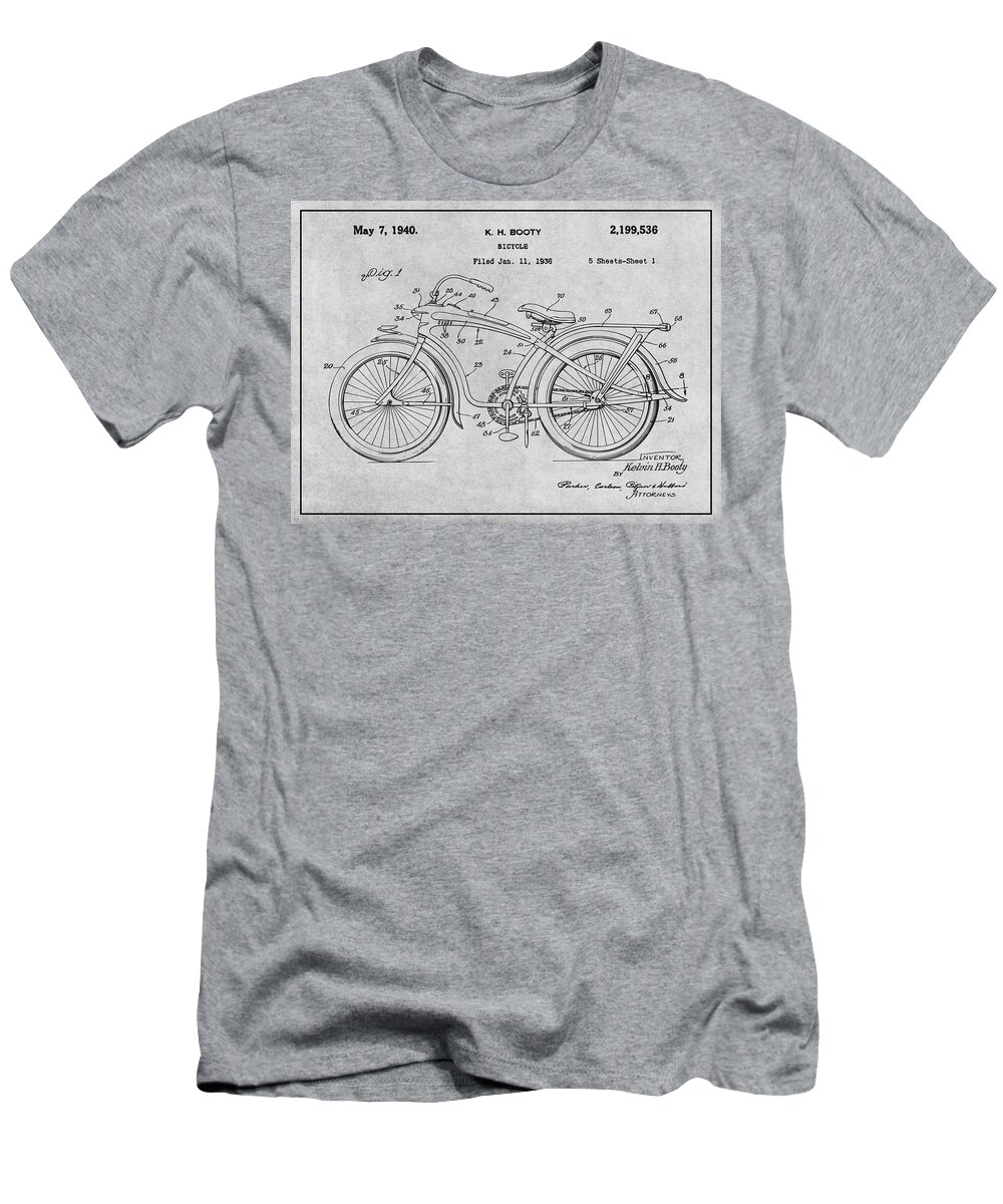 1936 Elgin Bluebird Bicycle Antique Paper Patent Print T-Shirt featuring the drawing 1936 Elgin Bluebird Bicycle Gray Patent Print by Greg Edwards