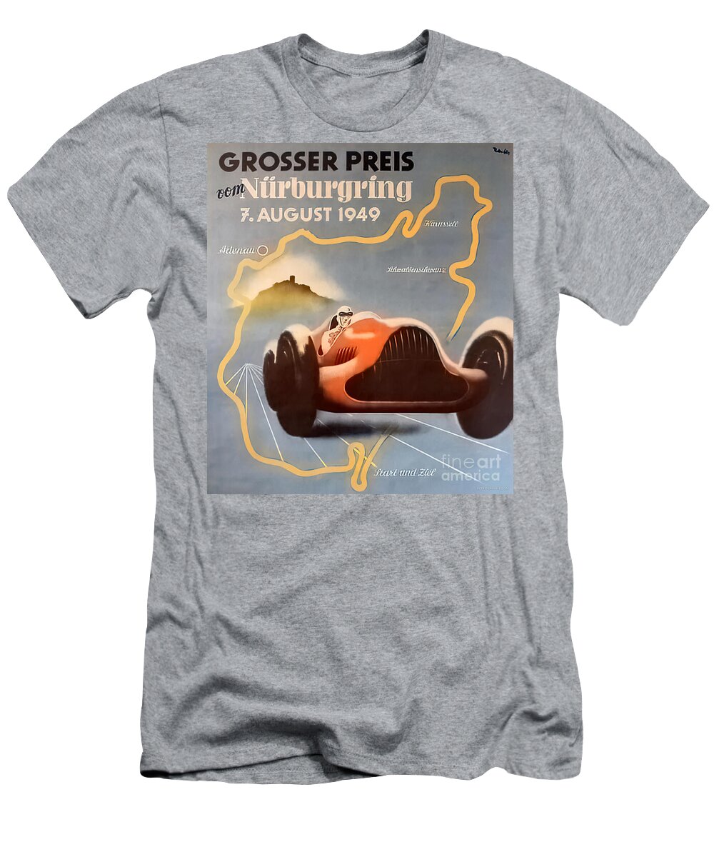 Vintage T-Shirt featuring the mixed media 1949 Nurburgring Race Poster Featuring Alfa Romeo by Retrographs