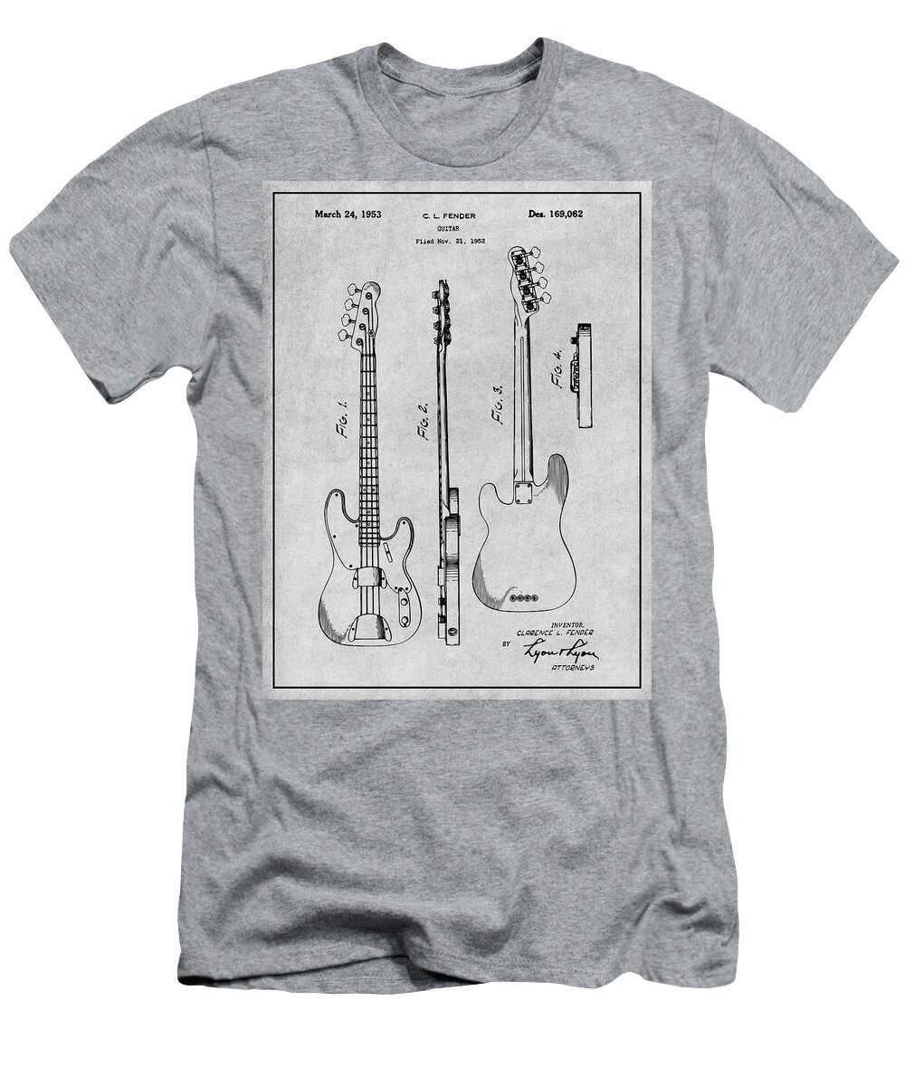 Fender T-Shirt featuring the drawing 1952 Fender P1 Bass Guitar Patent Print Gray by Greg Edwards