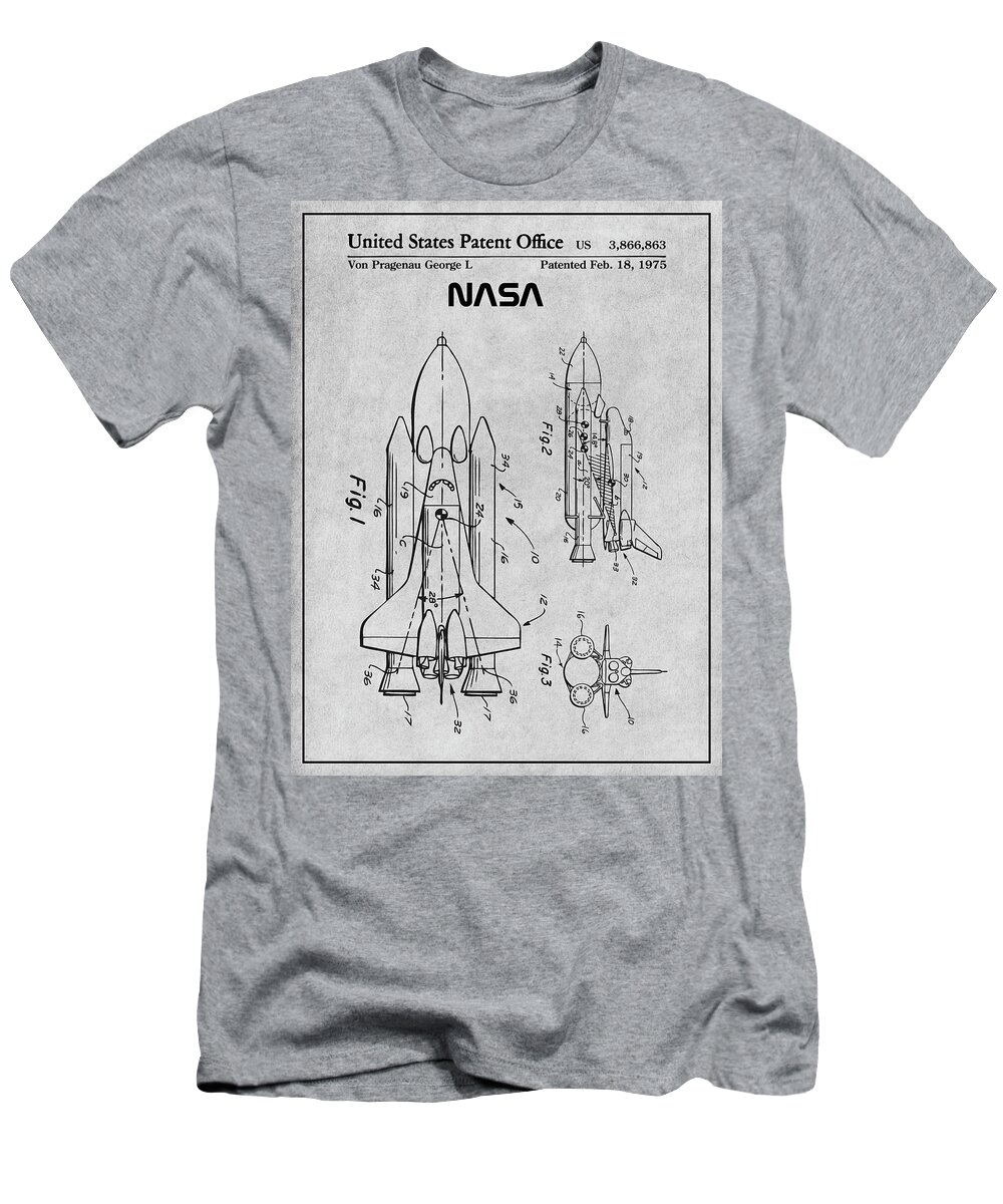 Space Shuttle Patent Print T-Shirt featuring the drawing 1975 NASA Space Shuttle Patent Print Gray by Greg Edwards