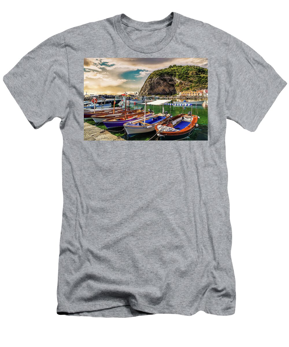 Boats T-Shirt featuring the photograph Moored Boats Under Promontory #3 by Vivida Photo PC