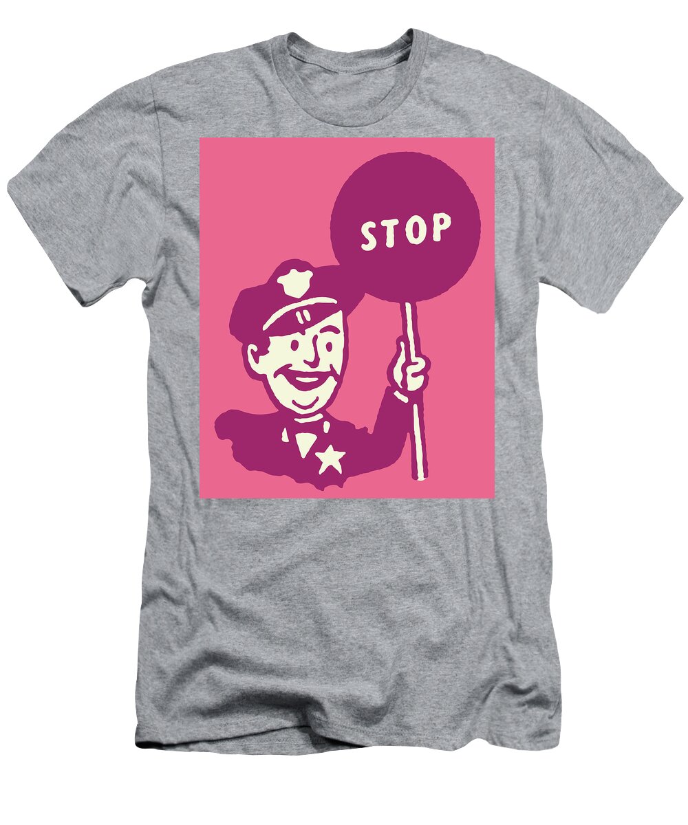 Campy T-Shirt featuring the drawing Policeman Halting Traffic with Stop Sign #3 by CSA Images