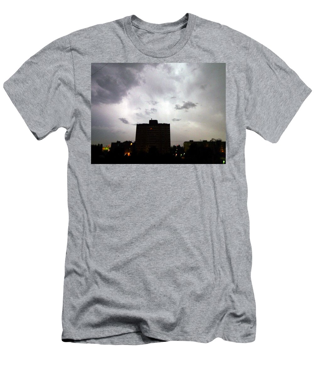 Storm T-Shirt featuring the photograph Lightning and thunder at night in the city it's raining #6 by Oleg Prokopenko