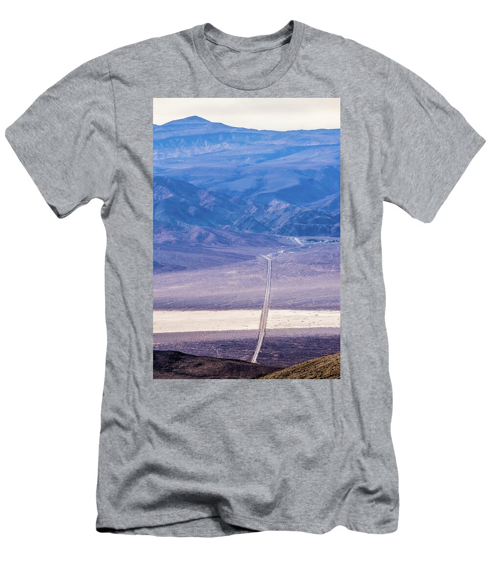 Road T-Shirt featuring the photograph Lonely Empty Road To Deth Valley National Park #6 by Alex Grichenko