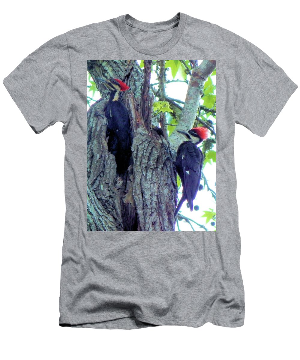 Birds T-Shirt featuring the photograph A Pair of Pileated Woodpeckers by Karen Stansberry