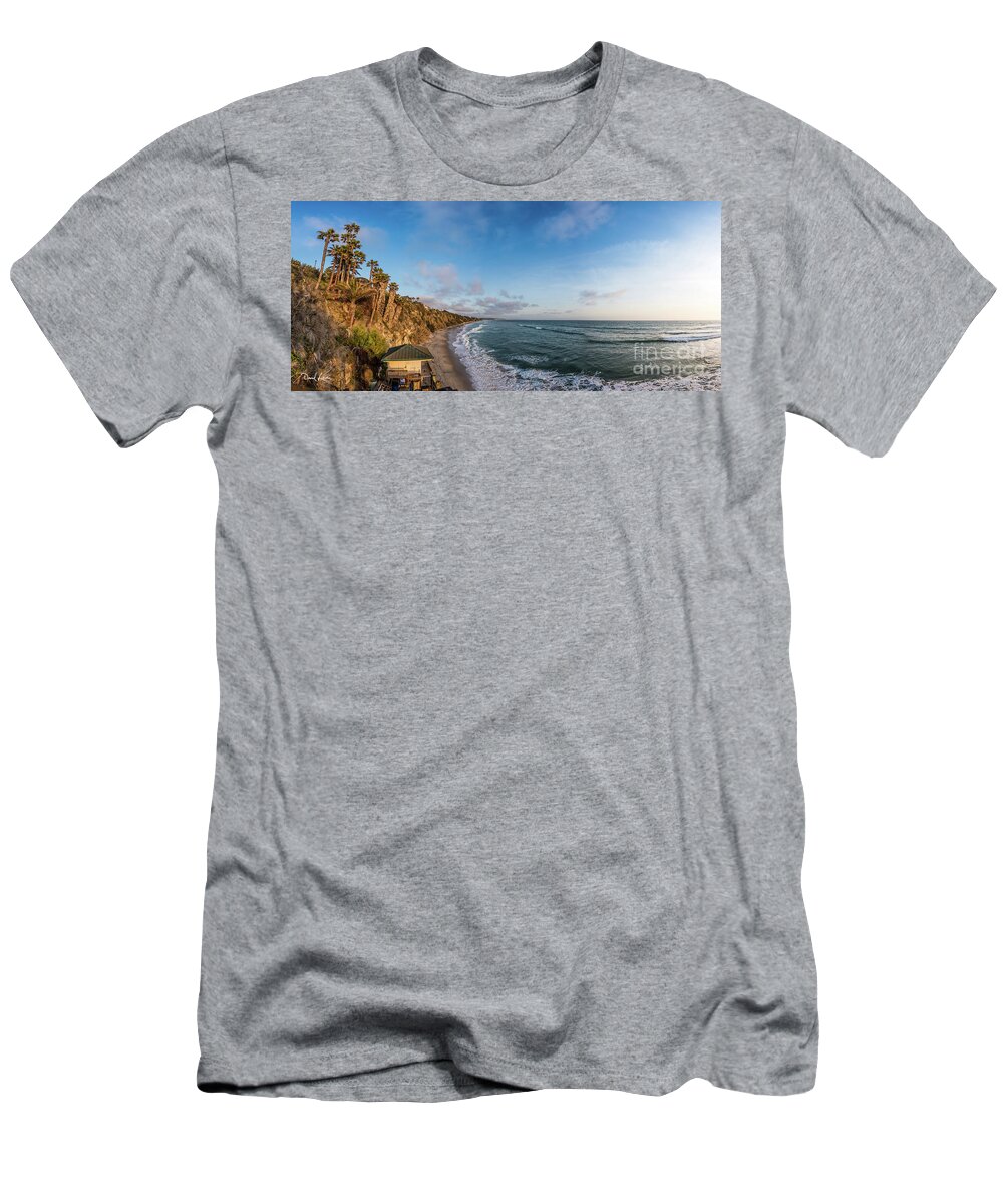Beach T-Shirt featuring the photograph A Panoramic View of Swami's Beach with Cliffs at Sunset by David Levin
