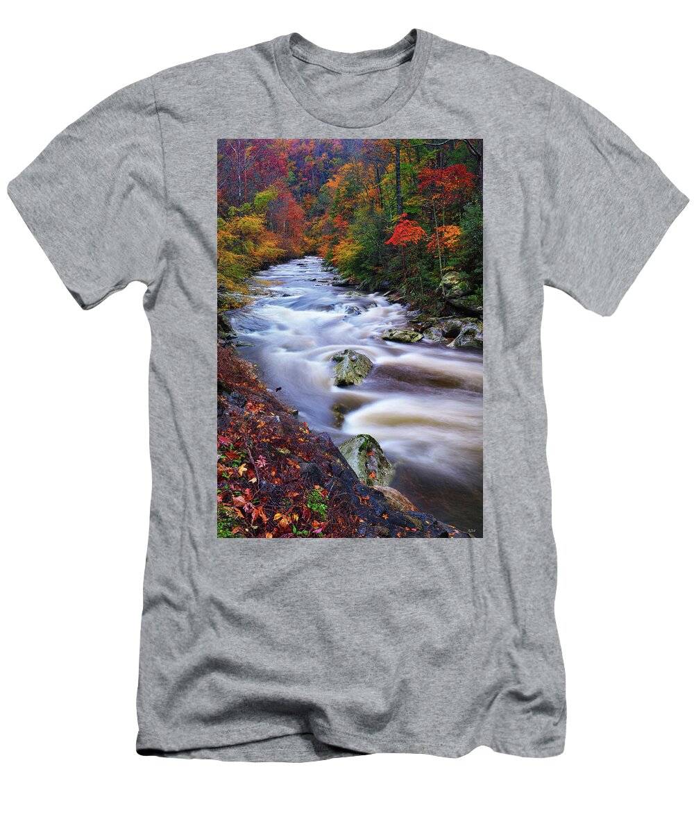 Great Smoky Mountains National Park T-Shirt featuring the photograph A River Runs Through Autumn by Greg Norrell