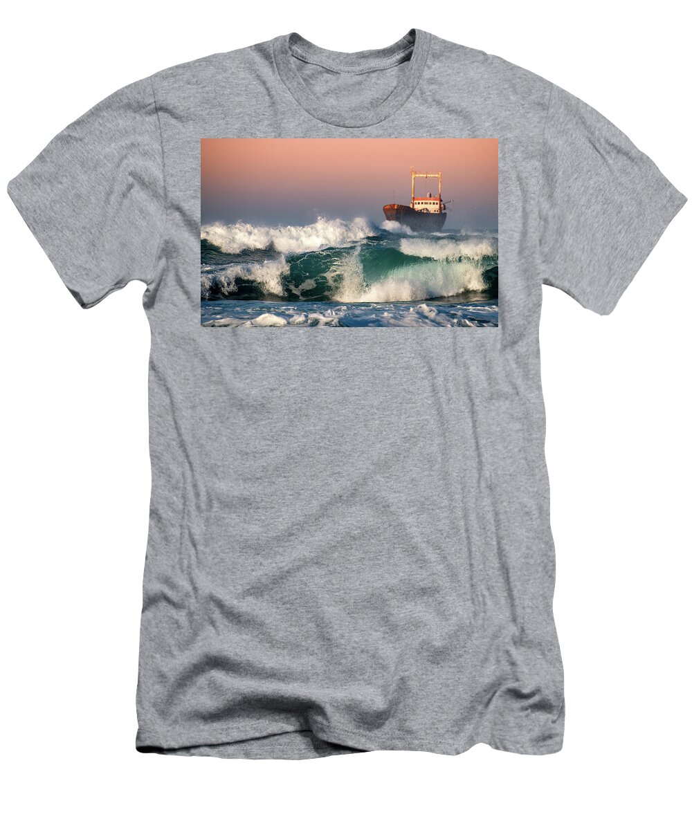 Sea T-Shirt featuring the photograph Abandoned Ship and the stormy waves by Michalakis Ppalis