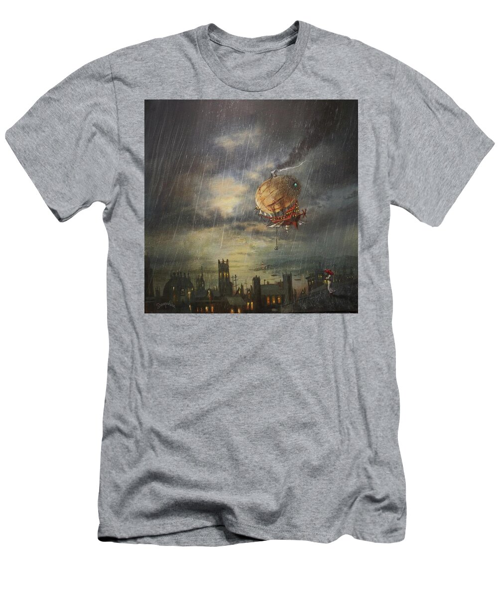 Steampunk Airship T-Shirt featuring the painting Airship In The Rain by Tom Shropshire