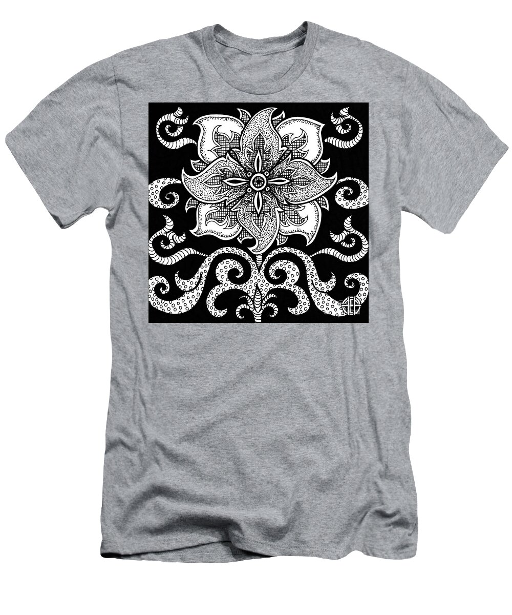 Boho T-Shirt featuring the drawing Alien Bloom 11 Black and White by Amy E Fraser