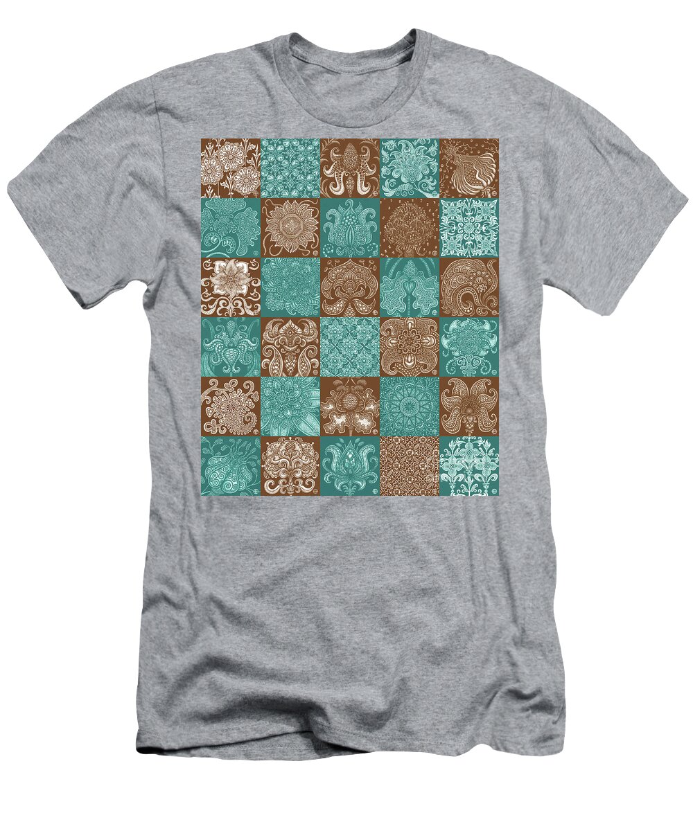 Boho T-Shirt featuring the drawing Alien Bloom Patchwork Teal and Brown by Amy E Fraser