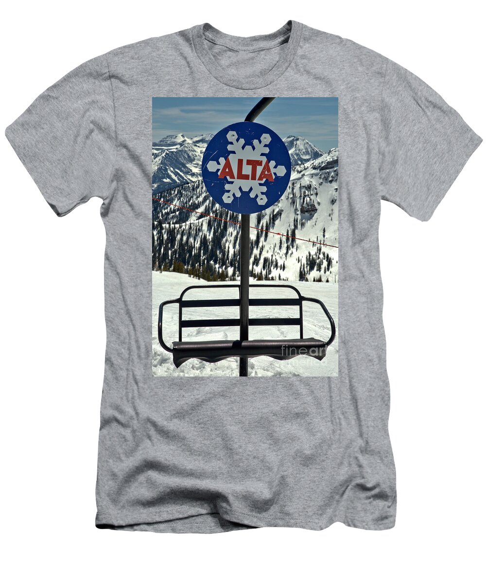 Alta T-Shirt featuring the photograph Alta Ski Lift Chair by Adam Jewell