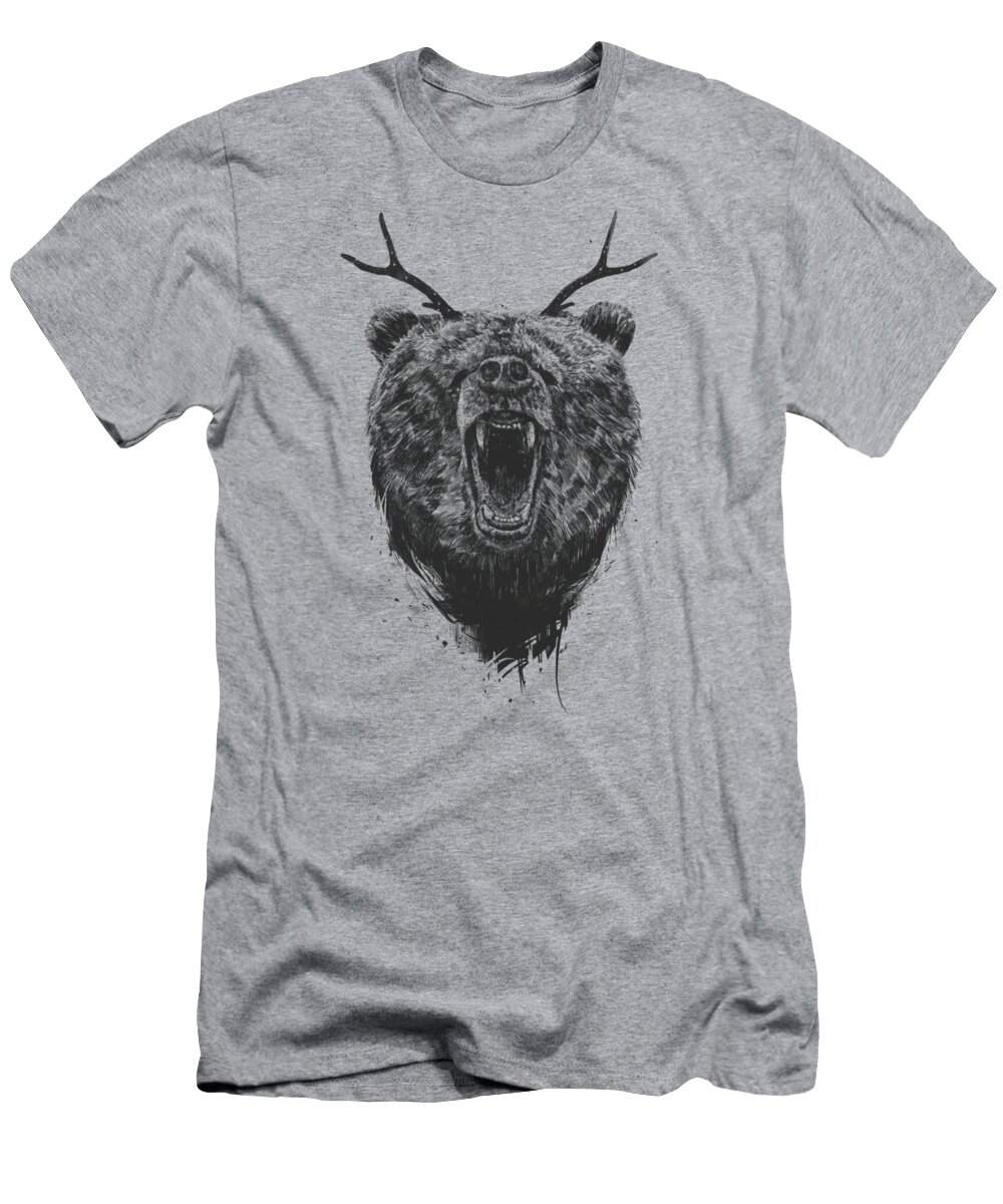 Bear T-Shirt featuring the drawing Angry bear with antlers by Balazs Solti