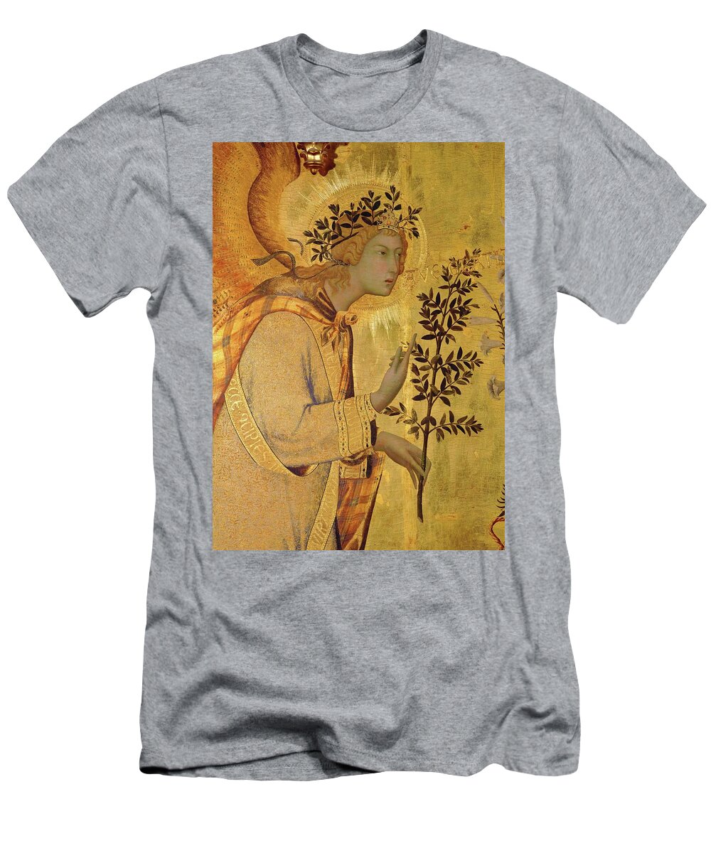 Archangel Gabriel T-Shirt featuring the painting Annunciation. Detail the Angel of the Annunciation. by Simone Martini -c 1284-1344-