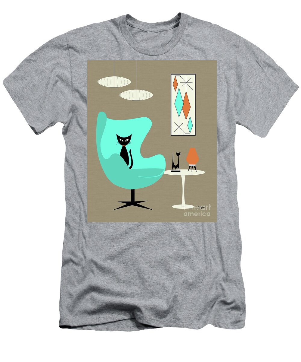 Mid Century Modern T-Shirt featuring the digital art Aqua Egg Chair with Orange Beehive Lamp by Donna Mibus