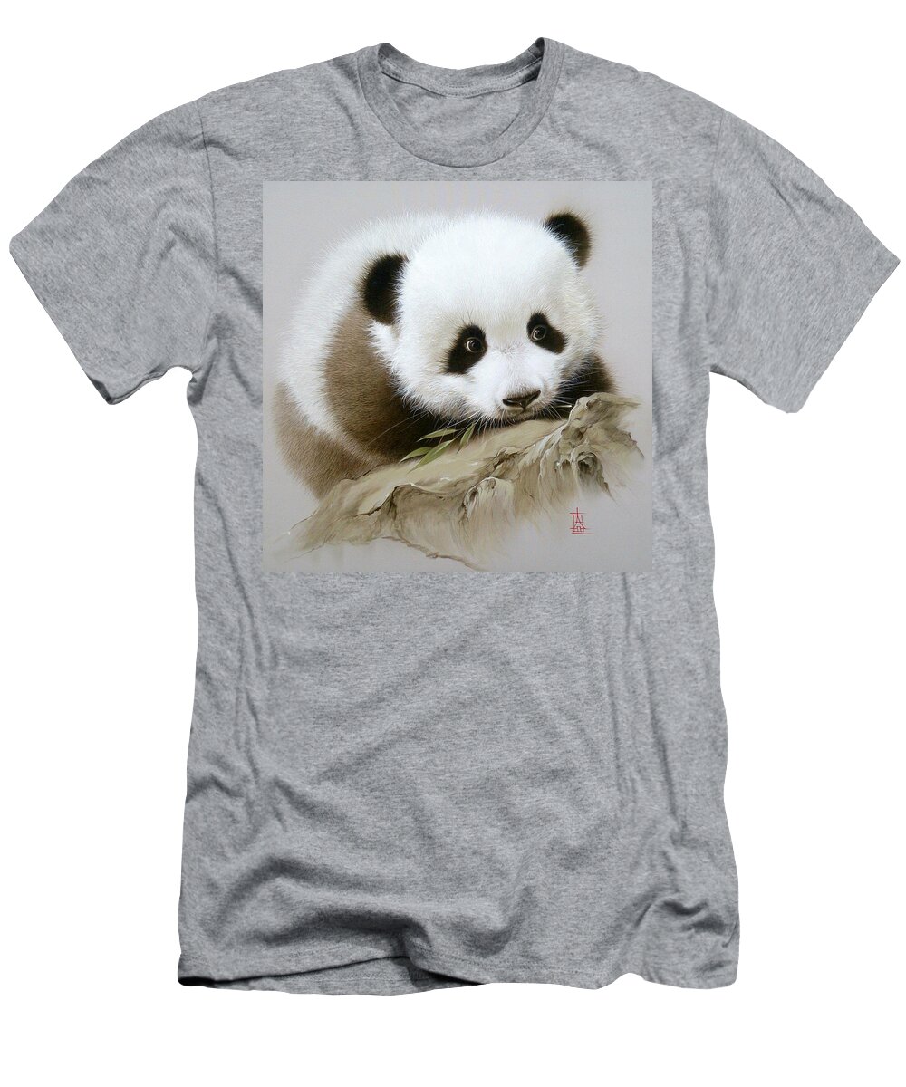 Russian Artists New Wave T-Shirt featuring the painting Baby Panda with Bamboo Leaves by Alina Oseeva