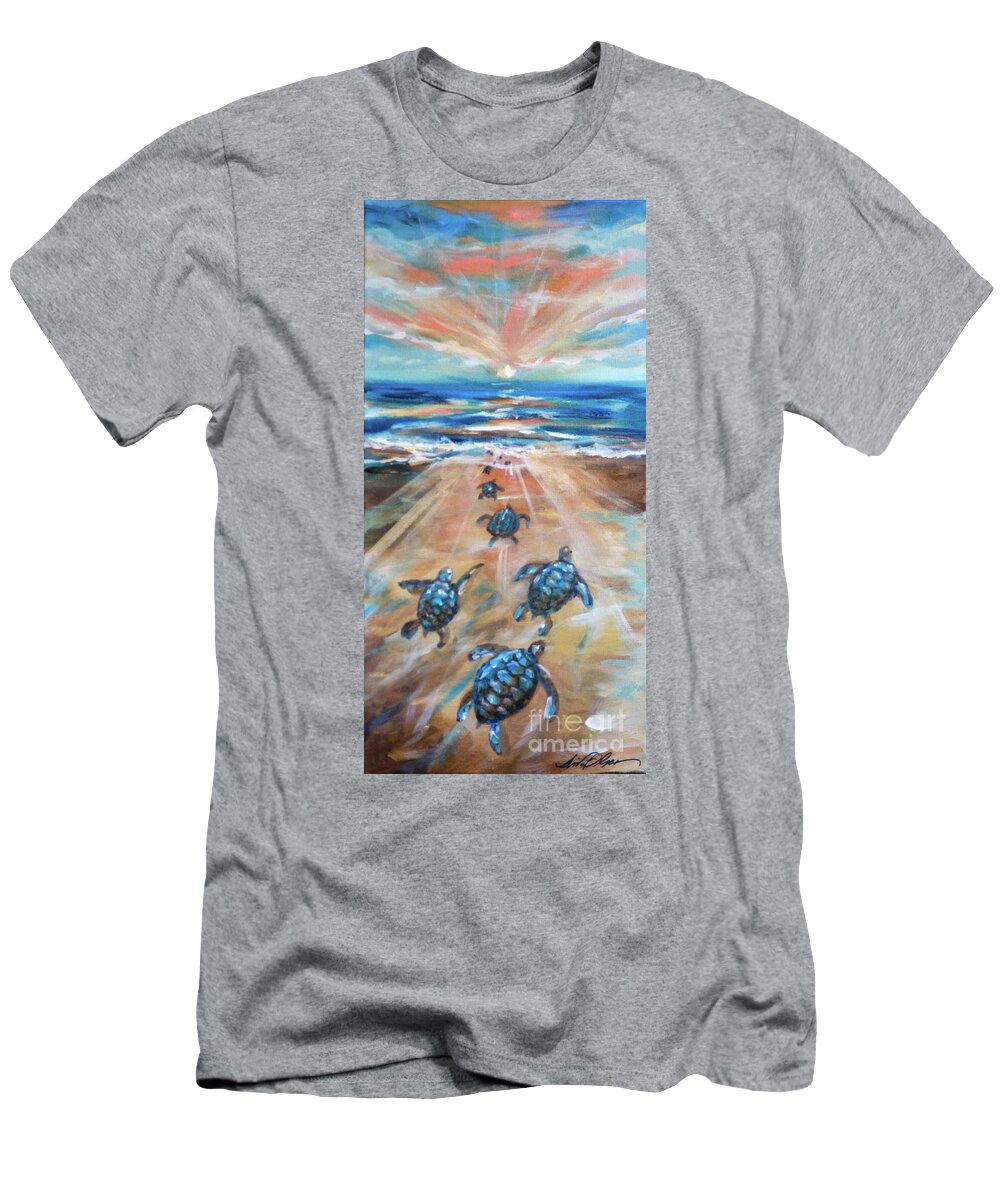 Ocean T-Shirt featuring the painting Baby Sea Turtle Fantasy by Linda Olsen