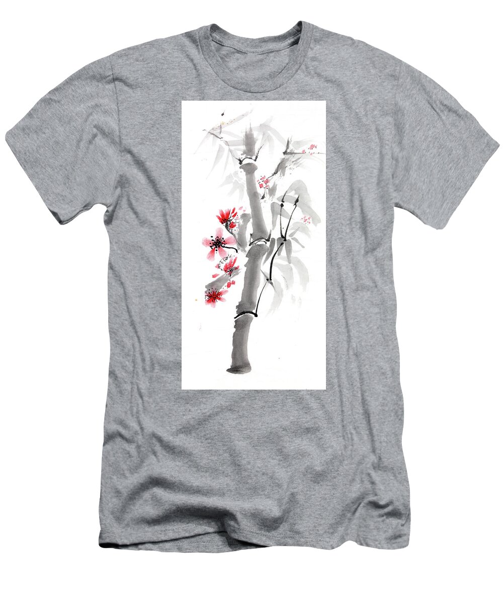 Bamboo Ink Chinese Painting Red Flowers T-Shirt featuring the painting Bamboo by Gloria Newlan