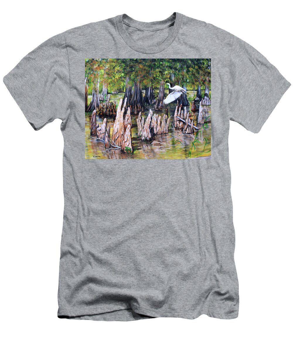 Bayou T-Shirt featuring the painting Bayou With Great White Egret by Karl Wagner