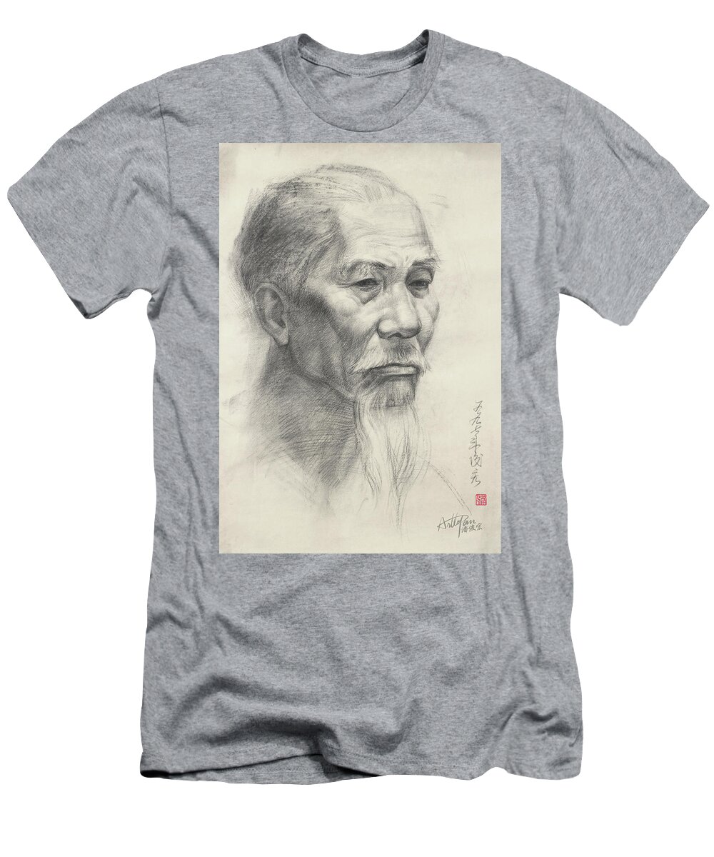 Beard T-Shirt featuring the painting Bearded old man's head portrait-ArtToPan drawing-portrait realistic carbon pencil sketch by Artto Pan