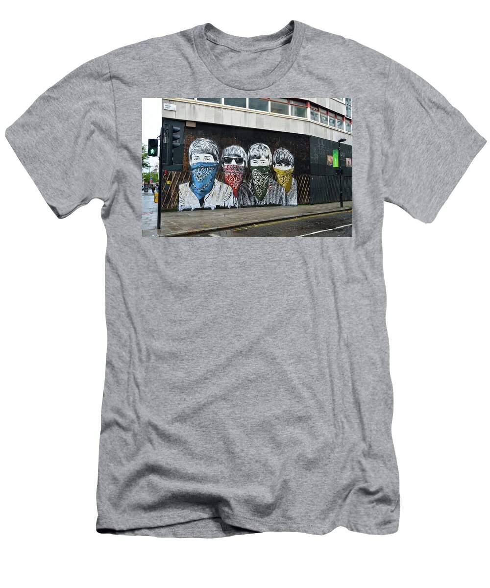 Bansky T-Shirt featuring the photograph Yhe Beatles wearing face masks street mural in London by RicardMN Photography