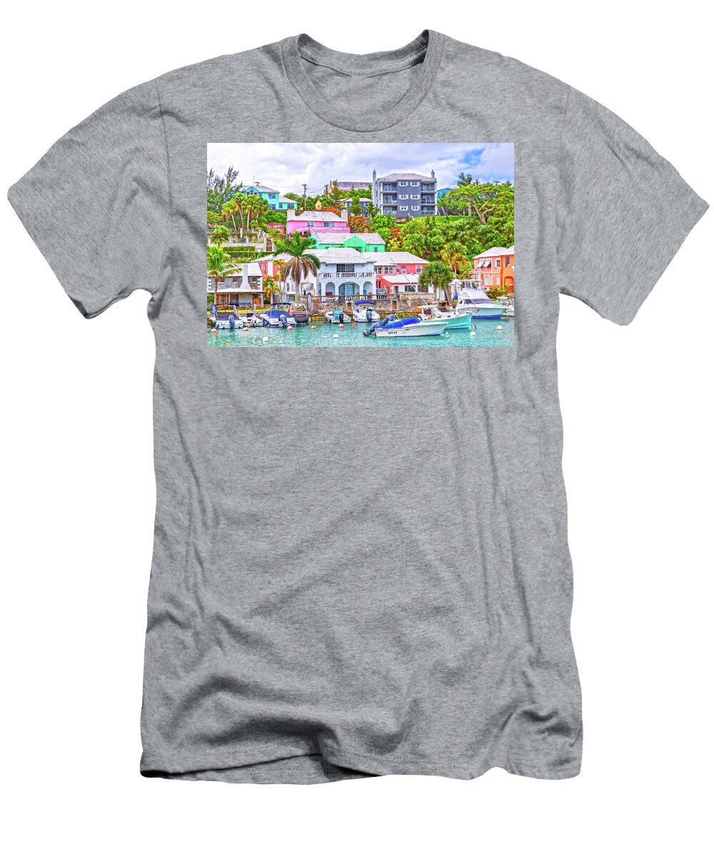 Bermuda T-Shirt featuring the digital art Bermuda Color Parade Flatts Village by Betsy Knapp