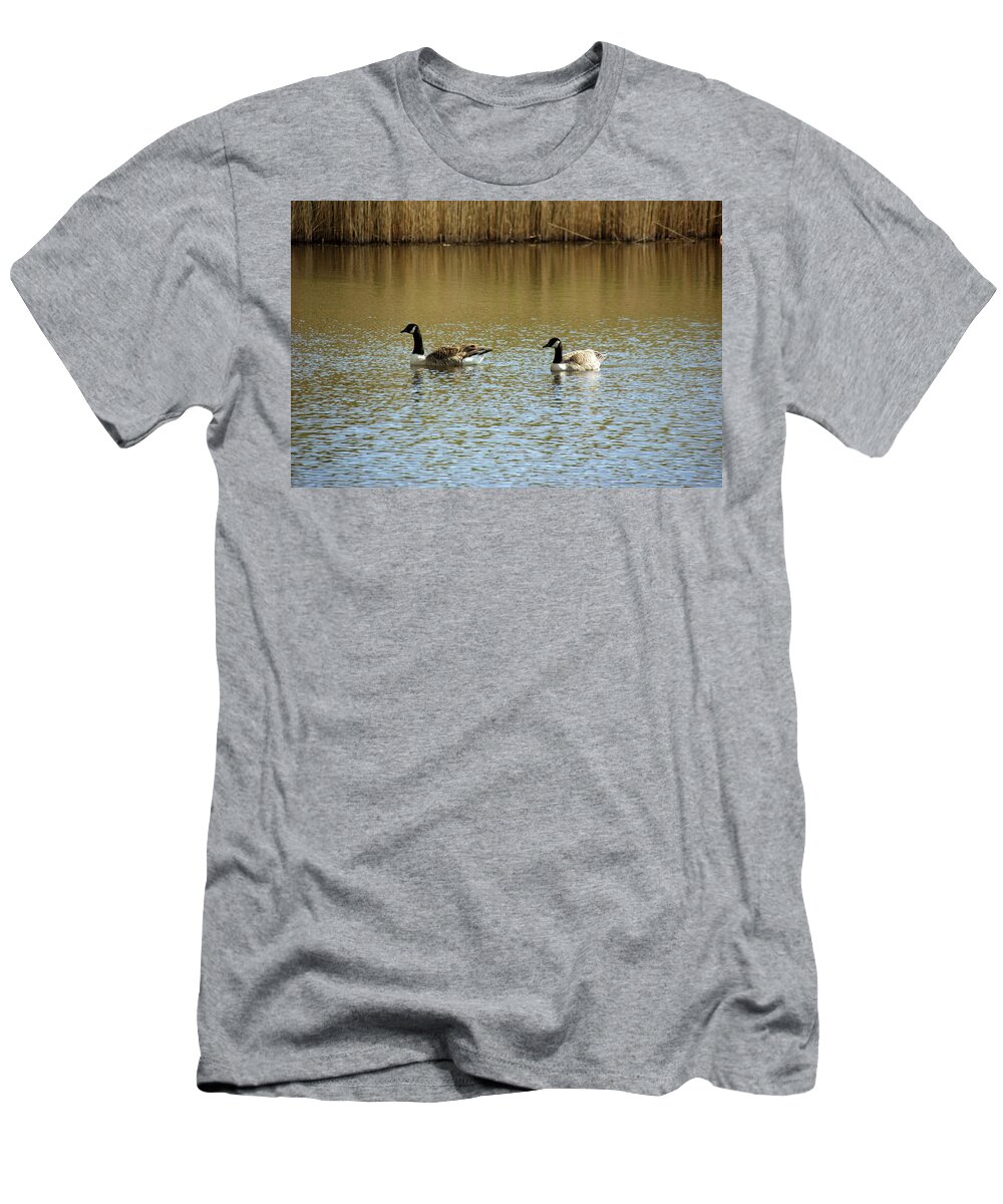 Wirral T-Shirt featuring the photograph  BIDSTON. Bidston Moss Wildlife Reserve. Two Geese. by Lachlan Main