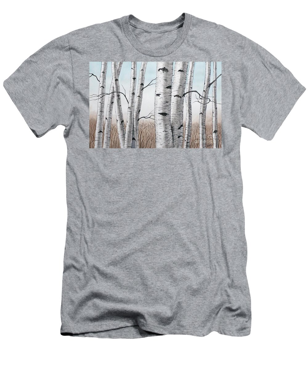 Birch T-Shirt featuring the painting Birch Trees in Early Winter in Watercolor by Christopher Shellhammer