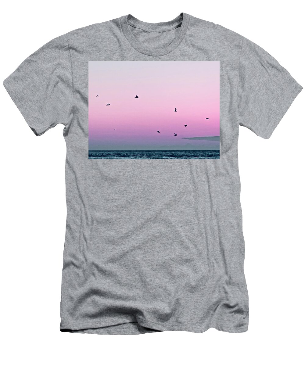 Birds T-Shirt featuring the photograph Captive Island Sunset Seabirds Circling by Shelly Tschupp