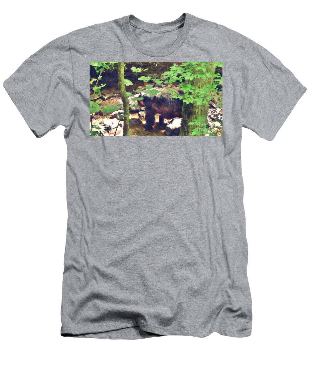 Bear T-Shirt featuring the digital art Black Bear In Woods by Phil Perkins