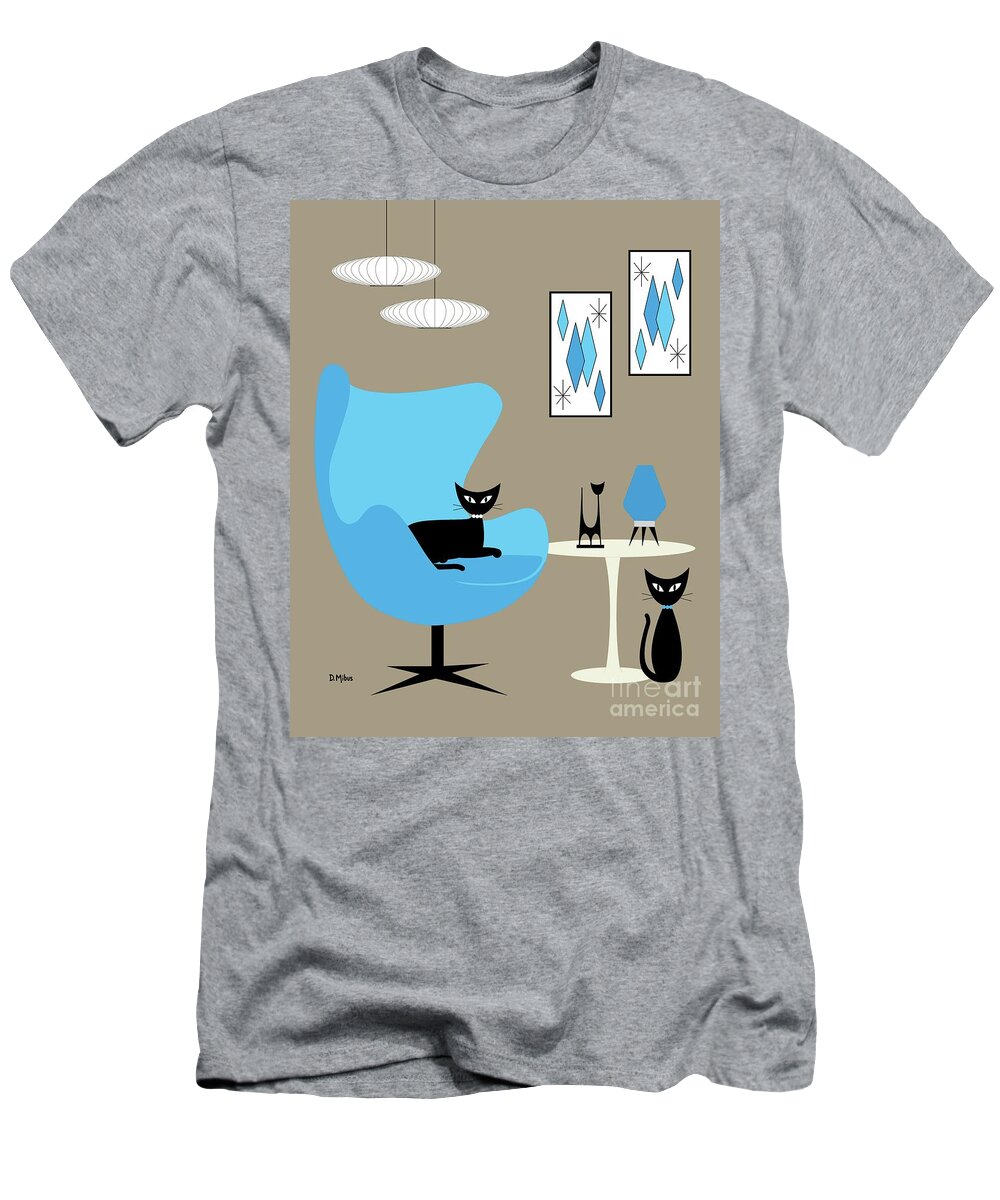 Mid Century Modern T-Shirt featuring the digital art Blue Egg Chair with Cats by Donna Mibus