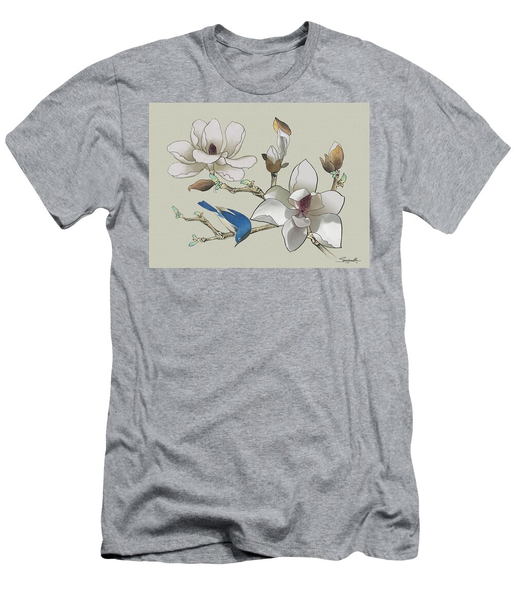 Bluebird T-Shirt featuring the painting Bluebird and Magnolia by M Spadecaller