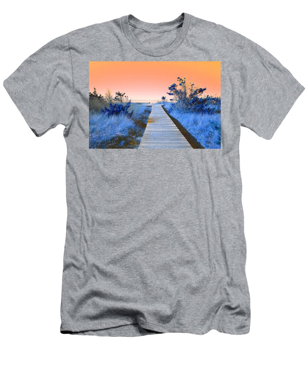 Boardwalk T-Shirt featuring the mixed media Boardwalk to the Bay by Stacie Siemsen